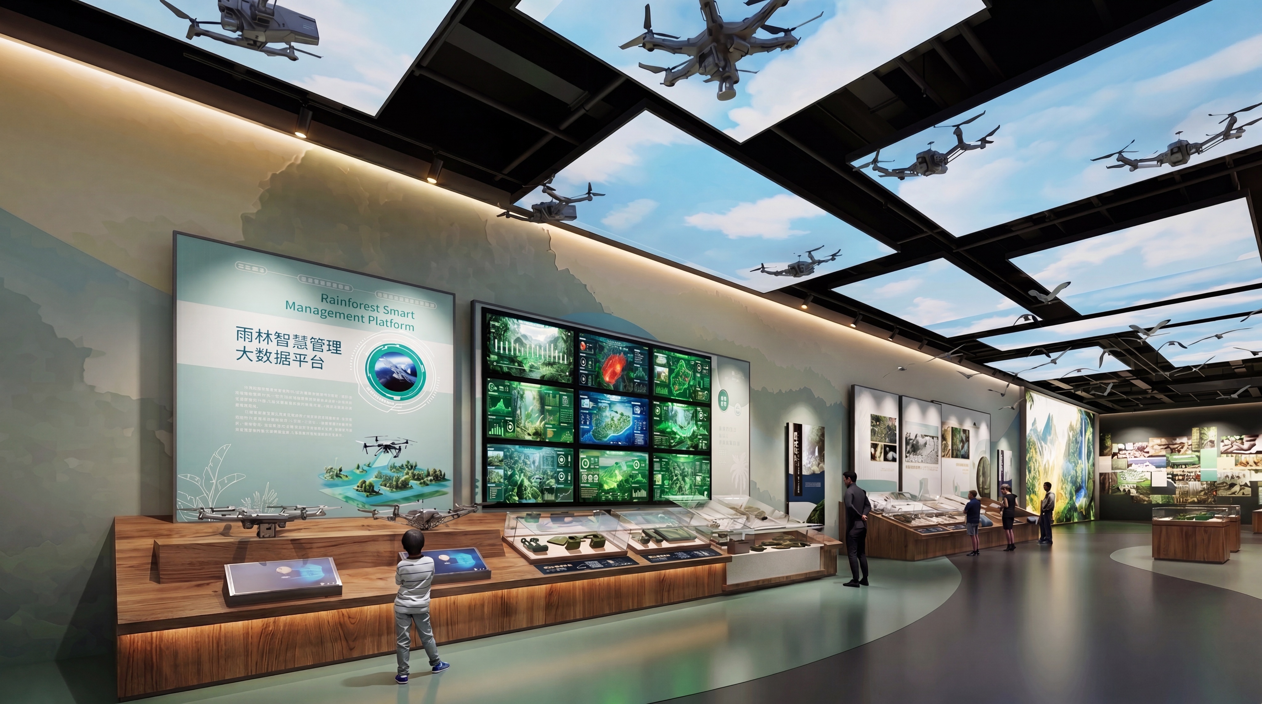 将图中的展示展台材质修改为木纹材质，保持整体展厅布局和其他展示… - 图片创意预览