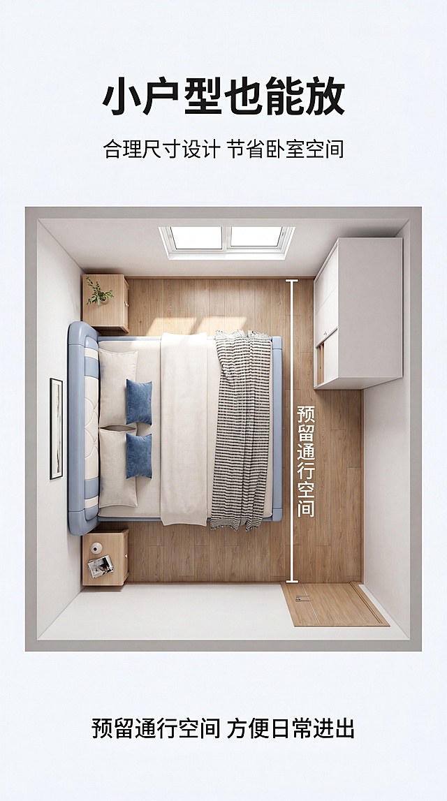 [第12屏] 小户型适配展示-小卧室空间摆放效果。氛围风格：实用展示，温馨紧凑，突出不占空间优势。元素布局：展示浅蓝色款（图1）摆放在中小户型卧室，空间相比首屏更紧凑，保留床体结构颜色和比例与原图一致，旁边预留通道空间，标注通道宽度，展示小户型也能轻松摆放。背景搭配小尺寸床头柜和衣柜，真实还原小户型场景。光影质感：自然光均匀明亮，空间感真实。配色色系：全局底色：#F5F8FA；主体：浅蓝色床体；辅助：浅木色家具+白色墙面。视角构图：全景俯视，展示完整空间布局。文字版式：顶部主标题"小户型也能放"，加粗居中，副标题"合理尺寸设计 节省卧室空间"，底部标注"预留通行空间 方便日常进出"。比例分辨率：9:16 竖版比例，文字清晰可辨，超高清。负向提示词：空间比例失调，床体变形，颜色不对，文字遮挡。