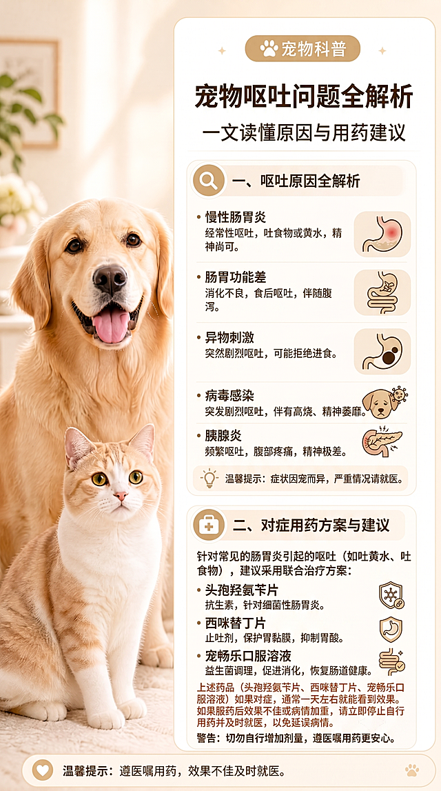 参考提供的图片风格生成一张宠物科普小红书笔记图片，标题为"宠物呕吐问题全解析，一文读懂原因与用药建议"，整体风格温暖简约专业，左侧保留猫狗温馨图片占位，右侧分为两个部分：第一部分介绍呕吐可能的原因，包含吐黄水、吐食物这些症状可能是由慢性肠胃炎，肠胃功能差，异物刺激，病毒感染，胰腺炎等等引起，第二部分是专业用药建议：针对肠胃炎引起的症状建议用头孢羟氨苄片 + 西咪替丁 + 宠畅乐进行治疗，如果对症，一天就能看到效果，如果效果不佳，请及时就医，不耽误病情。列出药品名称：头孢羟氨苄片、西咪替丁片、宠畅乐口服溶液。底部添加温馨提示：遵医嘱用药，效果不佳及时就医。保持米色暖调背景，排版清晰，使用圆角卡片和温和文字配色，不要生成药品图案，不要生成引人不适的图案