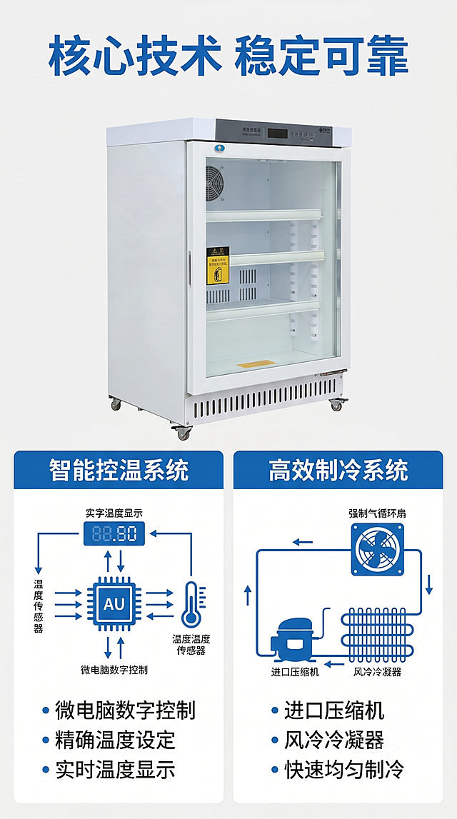 [第4屏] 核心技术解析-展示智能控温与制冷系统工作原理。本屏使用【图1】产品外观，结合系统示意图。
[氛围/风格] 专业技术解析风格，浅灰底科技感，清晰图示+文字说明，专业可信，商务质感。
[元素布局] 上半部分放置产品整体图，保持产品外观结构颜色与输入【图1】一致，下半部分分两栏分别讲解智能控温系统和制冷系统，每栏配原理示意图和文字说明，控温系统讲解微电脑数字控制和温度显示，制冷系统讲解压缩机和风冷冷凝器，图示清晰易懂。
[光影质感] 产品区域光线明亮，示意图线条清晰，整体明暗均匀，文字清晰。
[配色色系] 全局底色：#F5F5F5（浅灰）；产品主体白色，系统图示蓝色线条，文字深灰色，栏目标题蓝色，配色干净专业。
[视角构图] 上下构图，产品在上占二分之一高度，两栏技术说明在下各占一半宽度，信息分区清晰。
[文字版式] 顶部主标题 "核心技术 稳定可靠" 蓝色大字，两栏分别有小标题 "智能控温系统" "高效制冷系统"，每个系统配三点核心说明，文字大小适中，手机清晰可读。
[比例分辨率] 9:16竖版比例，4K分辨率，文字清晰可辨，超高清。
[负向提示词] 产品变形，结构错误，图示模糊，文字错乱，颜色偏差，水印。
