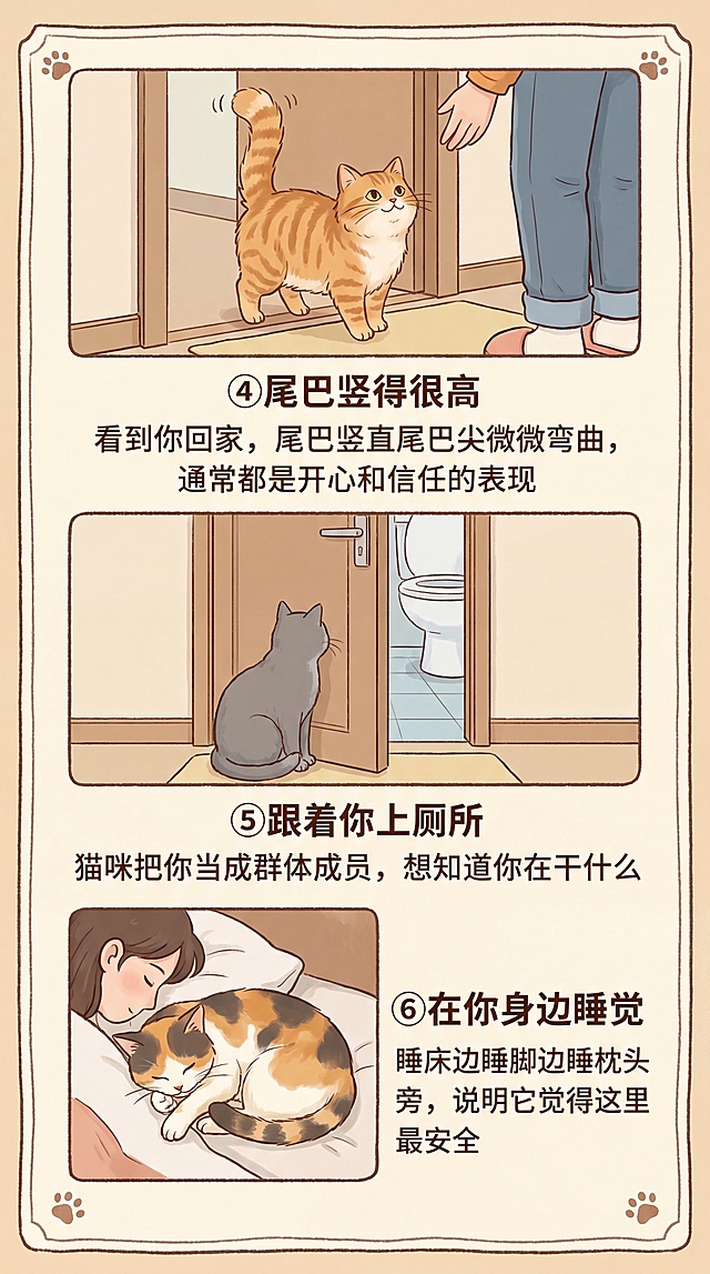 小红书风格图片，自然偏动画风格，包含三种猫咪信任表现：④尾巴竖得很高，猫咪看到主人回家尾巴竖直尖微弯，文字"④尾巴竖得很高 看到你回家，尾巴竖直尾巴尖微微弯曲，通常都是开心和信任的表现"；⑤跟着你上厕所，猫咪在厕所门口跟着主人，文字"⑤跟着你上厕所 猫咪把你当成群体成员，想知道你在干什么"；⑥在你身边睡觉，猫咪睡在床边枕头旁，文字"⑥在你身边睡觉 睡床边睡脚边睡枕头旁，说明它觉得这里最安全"，画面自然，专业小红书排版，AI痕迹不明显