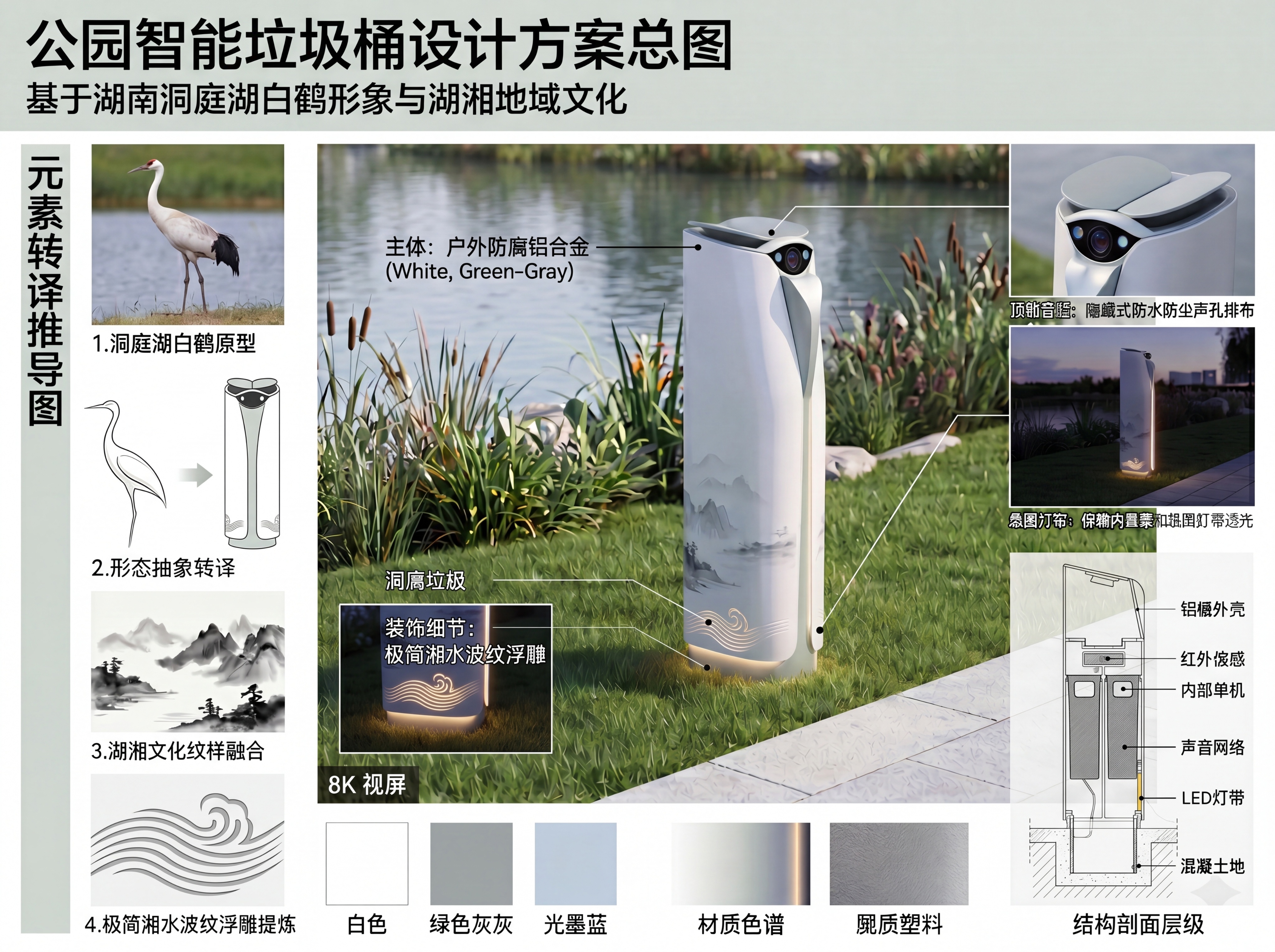 公园智能垃圾桶设计方案总图，核心灵感取自湖南洞庭湖白鹤形象，深… - 图片创意预览