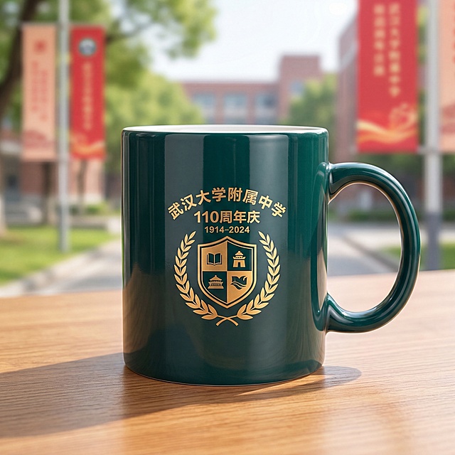 武汉大学附属中学110周年庆马克杯效果图，杯身印有提取的110周年庆徽章图案，墨绿色杯身配金色印刷，产品展示，清晰无错别字，无扭曲模糊
