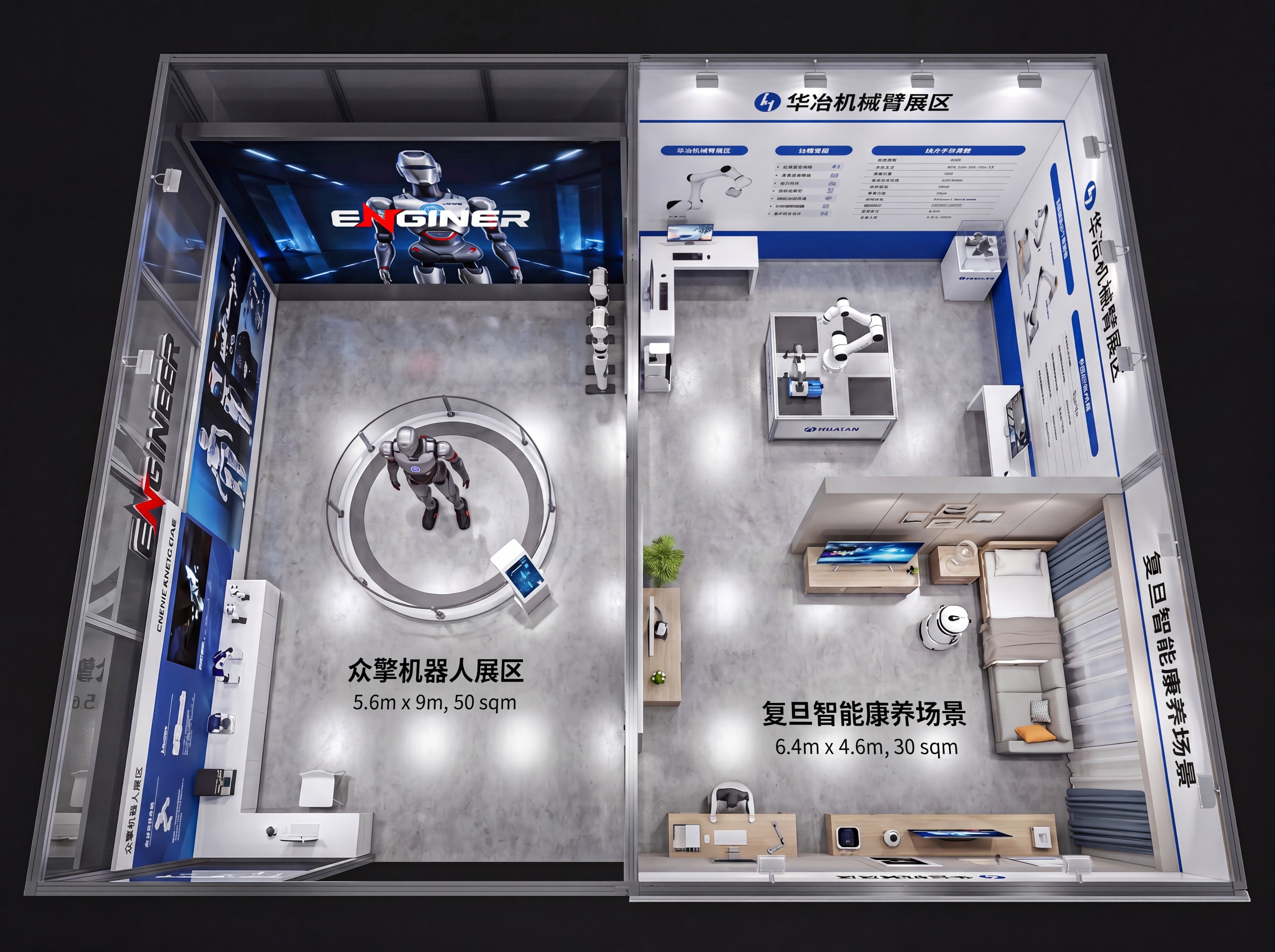 生成该展会展位的正视图，移除中间分隔墙，保留三个功能区域：左侧… - 图片创意预览