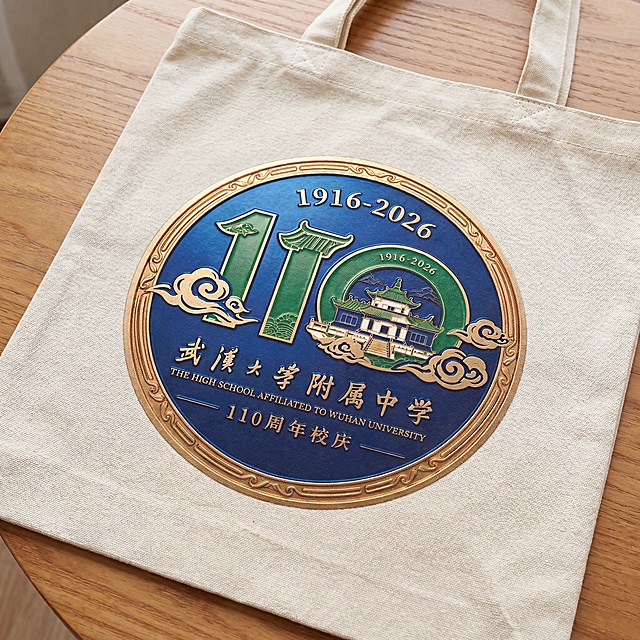 产品效果图，武汉大学附属中学110周年庆布艺手提袋，印上参考图中的徽章图案，使用蓝色、绿色和金色配色，图案文字清晰，无错别字，不扭曲模糊