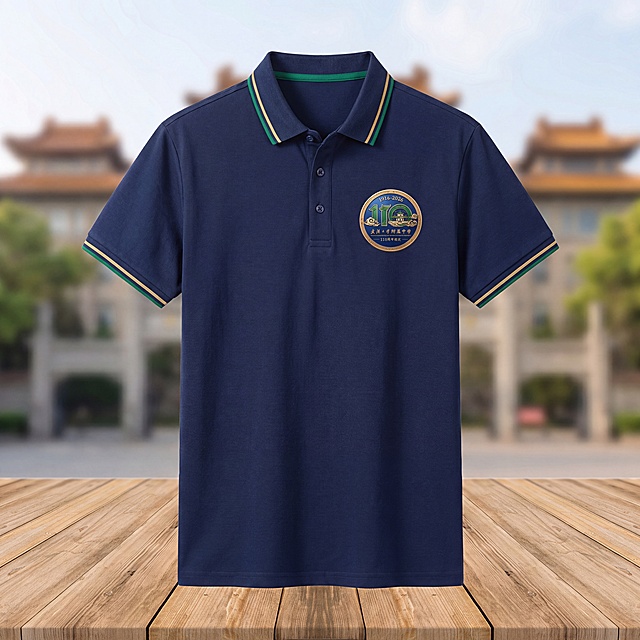 产品效果图，武汉大学附属中学110周年庆定制Polo衫，印上参考图中的徽章图案，使用蓝色、绿色和金色配色，图案文字清晰，无错别字，不扭曲模糊