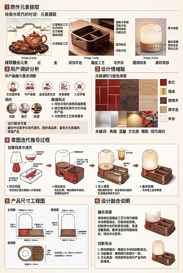 设计作品展示A0展板，宽841mm，长1189mm，分辨率8K，高清渲染，包含7个设计模块：1.三款原作元素提取，图文标注拆解设计图片中三款作品：红瓷描金茶具、胡桃木收纳盒、原木台灯的造型线条配色材质风格，提取融合设计元素；2.用户调研分析，图文清晰分析产品使用人群、使用场景、用户需求痛点，说明设计解决的问题；3.设计情绪版，展示融合风格后的整体配色、质感、风格调性；4.草图迭代推导过程，从初步构思、修改优化到最终定稿，配马克笔上色最终草图与说明文字；5.产品尺寸工程图，手绘产品正侧俯三视图，清晰标注尺寸；6.设计融合说明，文字说明两种风格融合思路、产品创新亮点；7.整体排版，版面整洁，主次分明，视觉统一，错落有致，文字清晰，适配线下展览展示