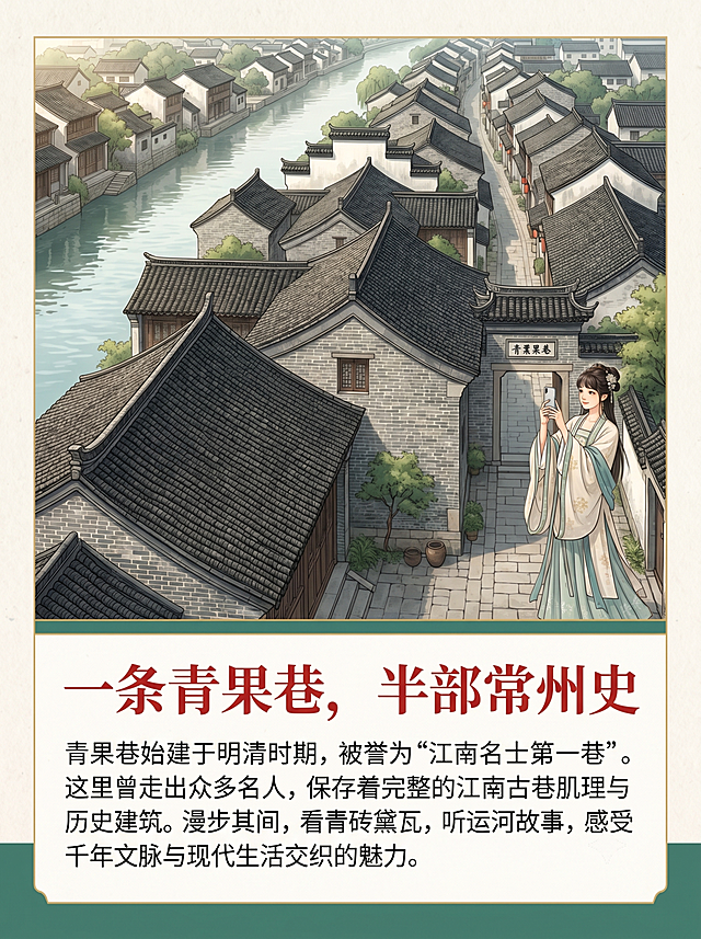 [第2屏] 千年青果巷历史文脉介绍页。
国风唯美文旅插画，新中式质感，高质量海报风格，画面干净通透。
画面上半部分展示青果巷历史街区鸟瞰全景，中国江南建筑，青砖黛瓦，古巷沿运河延伸，整体鸟瞰图占画面60%，保持建筑布局真实自然。下半部分预留文字区域，不遮挡主体景观。画面右侧点缀一位汉服少女在巷口拍照打卡，增添生活气息。
日间柔和自然光从左侧照射，建筑墙面形成自然明暗，整体光影柔和清新，突出古巷静谧悠远的历史氛围。
全局底色：#F8F4EB（米白宣纸色）；主色：#3F7F6D（青绿色）；辅助色：#D4A85A（鎏金）；标题文字使用#C62828（国风中国红）。
鸟瞰俯视视角，古巷从近景向远景延伸，增强空间感，上景下文排版符合阅读习惯。
下半部分左侧主标题："一条青果巷，半部常州史"，国风字体，中国红加粗，字号占画面宽度6%。主标题下方为内容文案："青果巷始建于明清时期，被誉为'江南名士第一巷'。这里曾走出众多名人，保存着完整的江南古巷肌理与历史建筑。漫步其间，看青砖黛瓦，听运河故事，感受千年文脉与现代生活交织的魅力。"，深灰色简体中文，行间距宽松，移动端清晰可读。
宽度900px，高度1200px，4K分辨率，文字清晰可辨。
负向提示词：建筑布局错乱，文字模糊，颜色偏差，水印，背景杂乱，人物变形