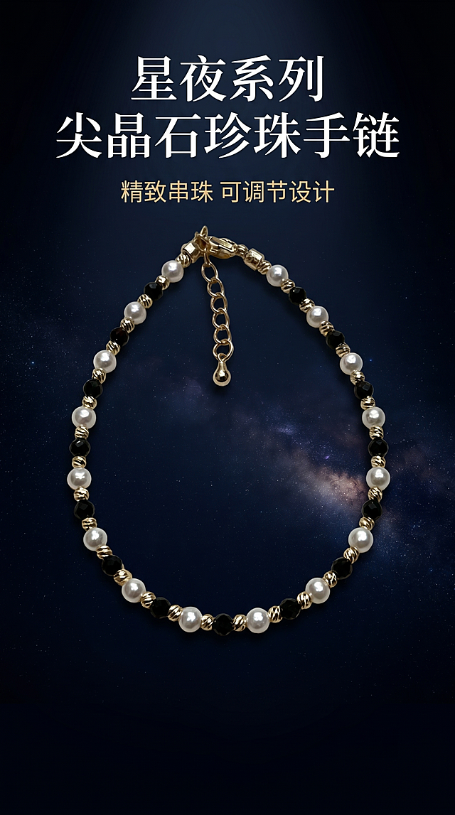 [第1屏] 详情页头图-星夜系列尖晶石珍珠手链宣传海报。
[氛围/风格] 精致轻奢高级风，黑色星空氛围感背景，商业摄影质感，画面深邃高级。
[元素布局] 使用【图1】作为手链主体，保持手链的黑白金配色、串珠排列结构、延长链和水滴吊坠的物理结构、材质质感与输入产品图一致。手链放在画面中心区域，占据画面约65%主体位置，背景做淡淡的星空蓝黑渐变，左上角预留标题位置，整体简洁大气。
[光影质感] 上方柔和主光照亮珍珠和金属配件，突出珍珠光泽和尖晶石刻面爆闪效果，下方形成自然柔和投影，明暗层次清晰，产品边缘真实清晰。
[配色色系] 全局底色：#12121A（深黑蓝）；主体配色：白色珍珠+黑色尖晶石+金色配件；辅助色：浅金色标题文字，点缀淡蓝星空高光。
[视角构图] 正面俯视视角，手链位于画面视觉中心居中摆放，视觉动线从上到下，上标题下产品，构图均衡。
[文字版式] 顶部居中排版，主标题 "星夜系列 尖晶石珍珠手链" 白色大字，主标题下方放小字副标题 "精致串珠 可调节设计" 浅金色，文字居中不遮挡手链主体，底部预留少量空白。
[比例分辨率] 9:16竖版比例，4K分辨率，文字清晰可辨，超高清。
[负向提示词] 手链变形，结构错误，颜色偏差，文字错乱，产品图模糊，背景杂乱，水印，变形扭曲。