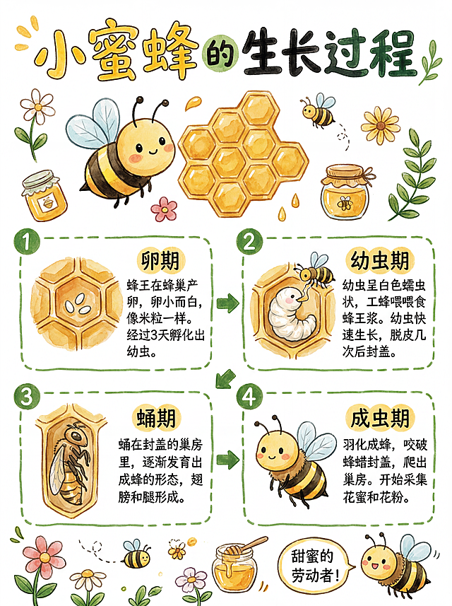 参照参考图片的手绘水彩风格，制作一张小蜜蜂生长过程手抄报。整体为黄黑绿色调，包含标题"小蜜蜂的生长过程"，分四个阶段（卵期、幼虫期、蛹期、成虫期）介绍，搭配对应卡通手绘蜜蜂插画，布局清晰，和参考图结构类似，有主图和分步骤文字框，整体可爱清新自然科普风格