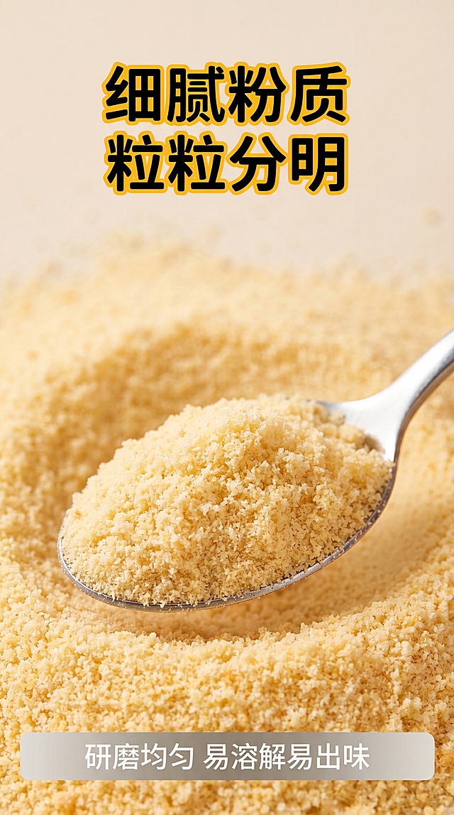 [第4屏] 质地特写屏-帕玛森芝士调味粉粉质细节展示。
[氛围/风格] 微距特写风，突出细腻粉质，真实食欲感，商业摄影质感。
[元素布局] 整屏铺满芝士粉微距特写，勺子舀起部分芝士粉，粉质颗粒清晰可见，上方预留标题区域，下方做文字说明，背景虚化突出粉质主体。
[光影质感] 顶部柔光打亮芝士粉，突出颗粒纹理和金黄色泽，勺子边缘清晰，阴影柔和，质感真实。
[配色色系] 全局底色：#F5F0E6（暖米）；主体配色：#FFC107（芝士黄）+ #333333（文字黑）+ #FF9800（橙色点缀），保持全套配色统一。
[视角构图] 微距俯视，芝士粉铺满中下区域，上方标题，整体聚焦粉质细节，视觉冲击力强。
[文字版式] 顶部大标题「细腻粉质 粒粒分明」，黄色圆角黑体，纯色填充，居中对齐；底部浅灰色半透明信息条标注文字「研磨均匀 易溶解易出味」，白色无衬线字体，清晰不遮挡主体。字体风格和颜色与首屏一致。
[比例分辨率] 9:16 竖版比例，4K分辨率，文字清晰可辨，超高清。
[负向提示词] 结块，颜色失真，颗粒模糊，水印，文字遮挡主体
