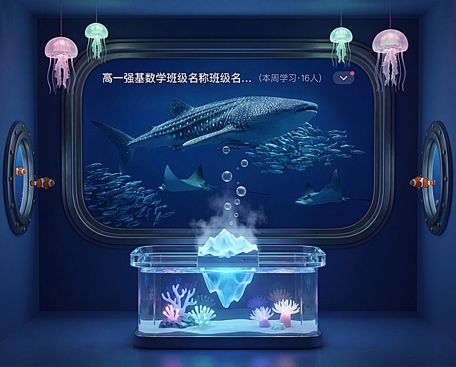 基于参考图重新设计教室前端界面主视觉舞台，打造深海沉浸感：黑板核心功能区背景为极其深邃的深海蓝（接近Navy Blue），边缘做成微微向内凹陷的巨幕视窗包边，背景深处有巨大的鲸鲨、魔鬼鱼和成群的沙丁鱼以极慢速度超低速飘过；讲台区域是发光亚克力与透明玻璃结合的微型水族箱讲台，里面有几株静止的珊瑚和散发微光的海葵，讲台中央植入冰山形状的一体机作为深海能量核心，冰山山体散发冷调冰晶蓝呼吸灯效果，顶端徐徐升起香薰水雾，水雾上升过程中固化为一串串向上漂浮的半透明静音小气泡，点击冰山可唤起白噪音面板；教室左右两侧墙面做成潜艇的金属圆形视窗，窗外偶尔有小丑鱼游过；顶部垂下几盏半透明、散发着淡淡荧光粉和薄荷绿的水母吊灯，作为冷色调场景的微光点缀，整体设计保证黑板文字对比度，动态元素不晃眼
