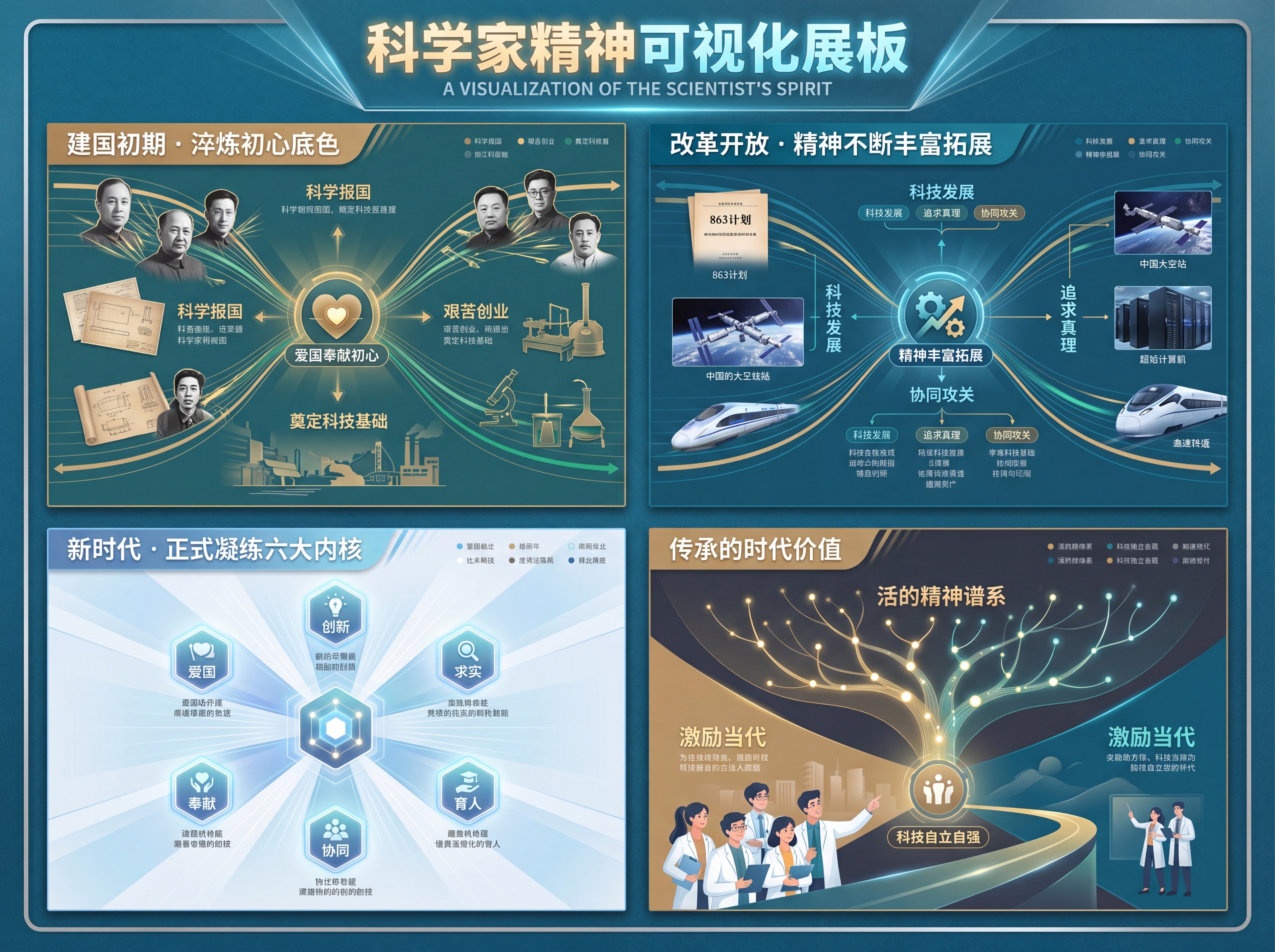 横屏4:3比例，科学家精神可视化展板，分四个板块：板块一"建国… - 图片创意预览
