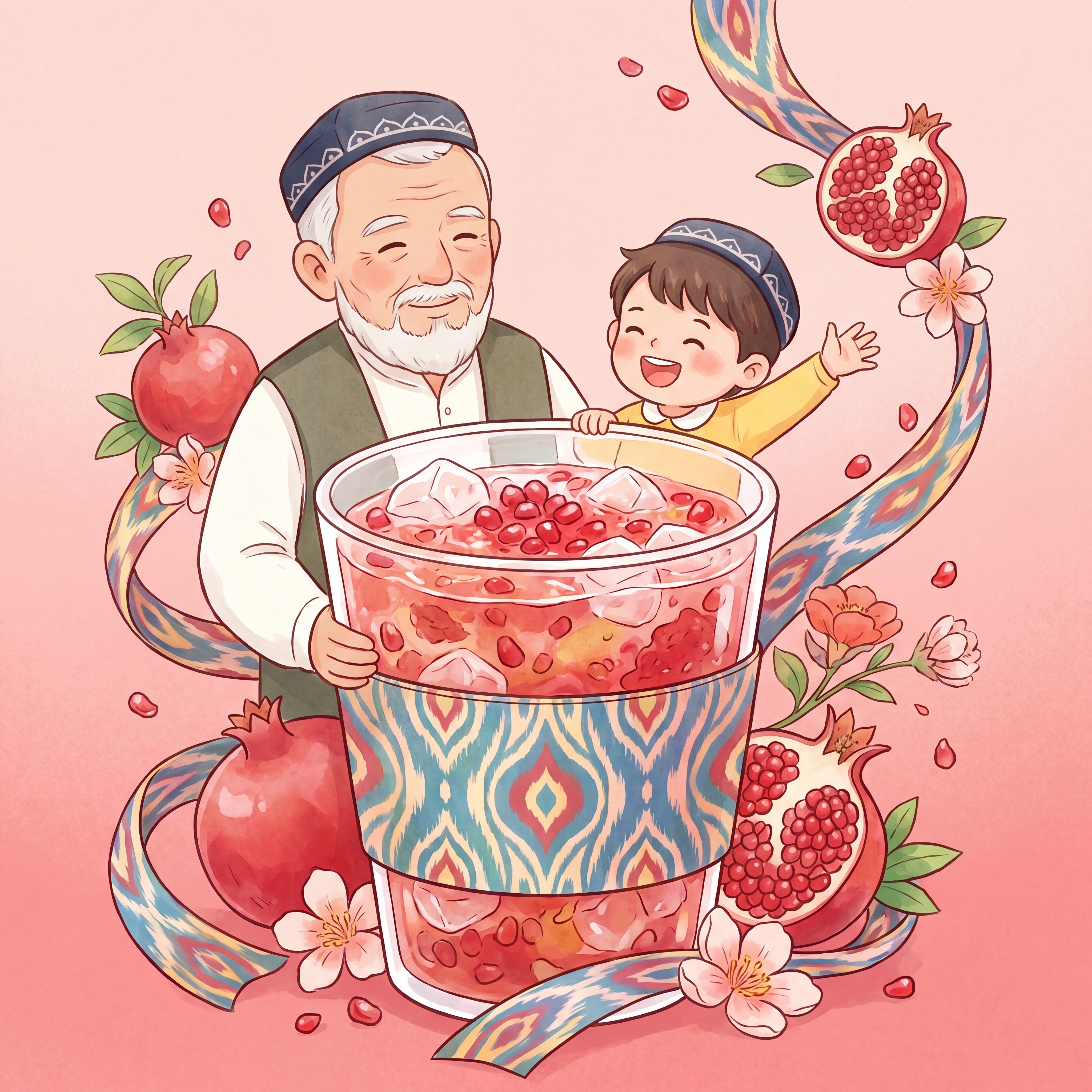西域果酿语单幅石榴老人独立插画，治愈系水彩漫画风，平涂+轻肌理… - 图片创意预览