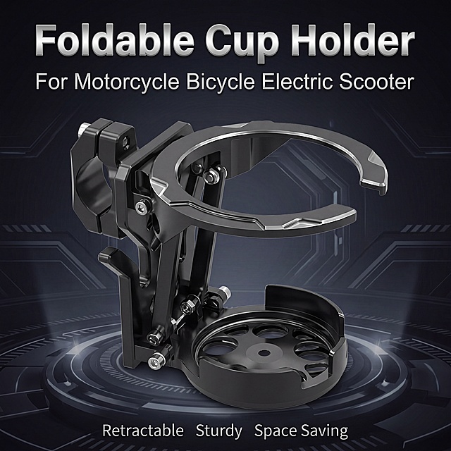 [Main Cover] Foldable retractable cup holder product cover image. Keep the product appearance, physical structure, material texture and black color 100% consistent with the provided product pictures, no distortion or color difference. Mechanical functional style, light sci-fi atmosphere, high-end trendy, black warrior low-key dark tone. All text is English only. Product takes 85% of frame, centered on dark gradient background with subtle mechanical lines. Main title text "Foldable Cup Holder" at top in large bold silver font, subtitle "For Motorcycle Bicycle Electric Scooter" below. Bottom small text "Retractable Sturdy Space Saving". All text high contrast, clean and readable. Commercial photography, 4k resolution, sharp details, soft directional lighting, highlights metal texture, no watermark, no border. Fits Shopee Malaysia marketplace aesthetic.