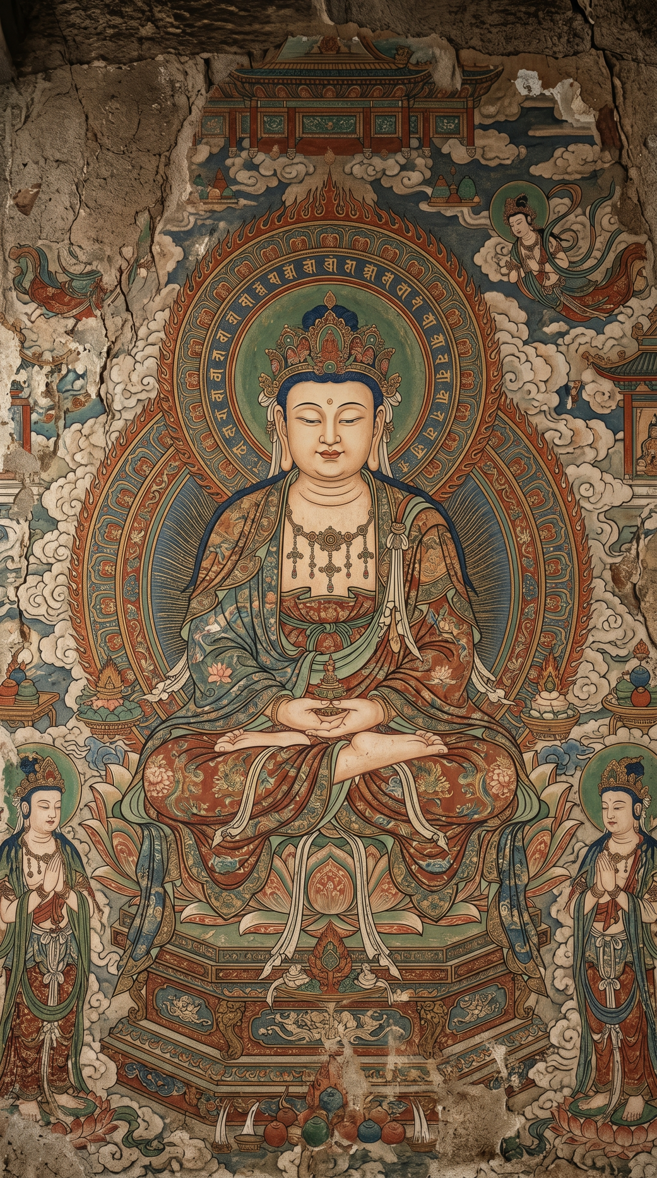 阿弥陀佛壁画，面相圆满，神态悠然，身后双层佛光纹样，袈裟纹理繁… - 图片创意预览