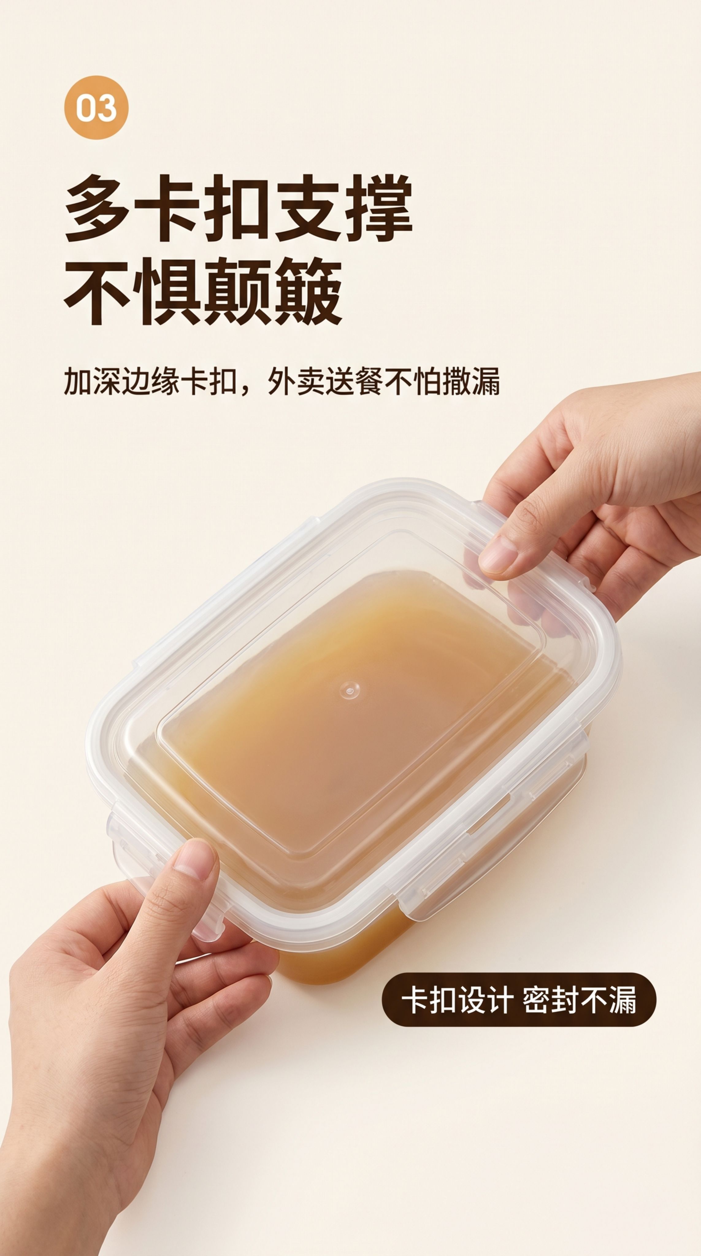 [第5屏] 多卡扣支撑密封防漏功能演示，保留原产品展示，重新设… - 图片创意预览