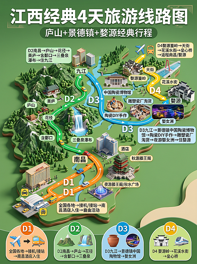 生成一张立体版本江西4天经典旅游线路图，参考上传图片的立体路线图风格，主标题大字"江西经典4天旅游线路图"，副标题"庐山+景德镇+婺源经典行程", 展示路线：D1全国各地→接机/接站→南昌酒店入住→自由活动推荐夜游滕王阁/秋水广场，D2南昌→庐山→花径→美庐→含鄱口→三叠泉瀑布→住九江，D3九江→景德镇中国陶瓷博物馆→陶瓷DIY手作→雕塑瓷厂淘货→夜游婺女洲→住婺源，D4婺源篁岭→天街→花溪水街→垒心桥→返程南昌/婺源，用彩色路线串联各个站点，做成立体微缩景观地图，保留所有文字介绍和底部图标，整体风格和参考图一致，绿色配色，立体，清晰标注路线
