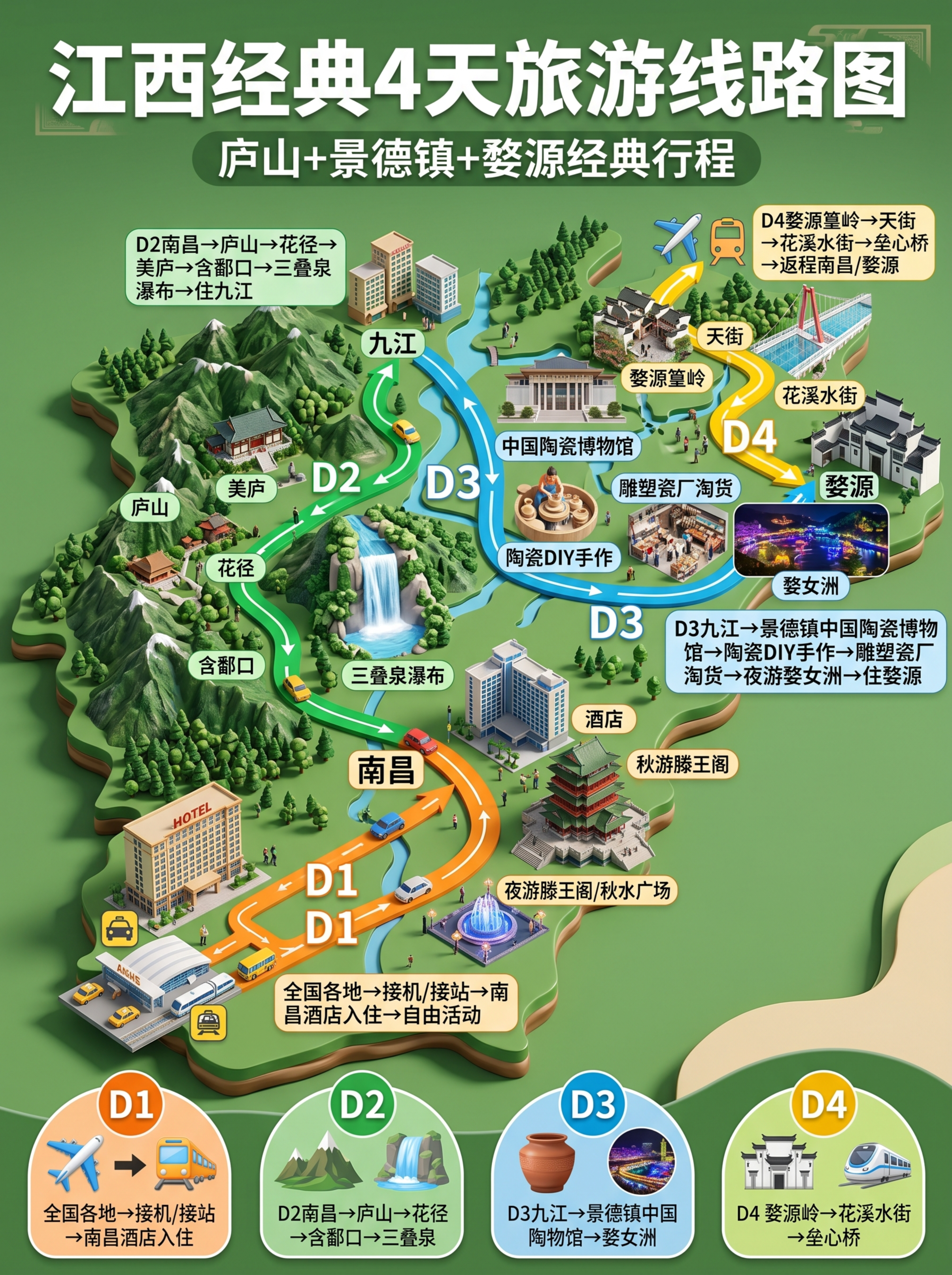 生成一张立体版本江西4天经典旅游线路图，参考上传图片的立体路线… - 图片创意预览