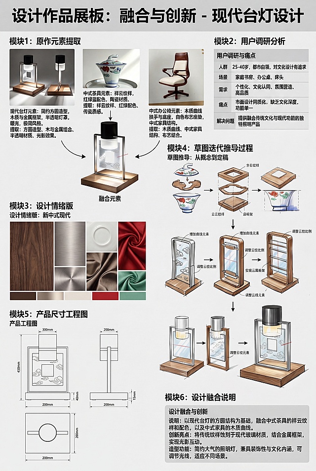 将三张提供的图片进行设计作品展板整体排版，A0尺寸，宽841mm，长1189mm，包含七个模块：1.三款原作元素提取图，图文标注提取造型、线条、配色、材质、风格特点以及融合元素；2.用户调研分析，明确产品使用人群、使用场景、用户需求与痛点，说明本次设计可以解决的问题，图文清晰；3.设计情绪版，根据两款风格融合的新定位确定产品整体配色、质感、风格调性；4.草图迭代推导过程，从初步构思到最终定稿，搭配马克笔上色，说明修改思路；5.产品尺寸工程图，手绘产品正、侧、俯三视图，清晰标注产品尺寸；6.设计融合说明，文字说明两种风格的融合思路、产品创新亮点、造型与功能设计想法；7.整体排版，版面整洁、主次分明、视觉统一，适配线下展览展示，排版错落有致，高清8K分辨率，文字清晰，大字标题突出