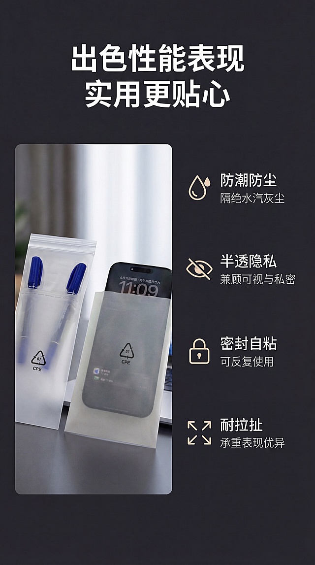 [第3屏] 性能与功能卖点展示页。本屏使用【图2】、【图6】展示产品密封防潮性能
[氛围/风格] 功能演示真实场景风，深色高级背景，图文结合清晰明了
[元素布局] 画面顶部主标题，主体区域左右分栏布局，左侧放置装入物品后的产品实景展示，右侧分点列出四个功能卖点。左侧产品保持原有半透磨砂、印刷标识外观一致。右侧每个卖点配简单图标和文字说明。
[光影质感] 左侧产品区域光影柔和，突出半透隐私特性，整体画面明暗均匀，文字清晰可读
[配色色系] 全局底色：#2A2A2E（深灰）；主体配色：产品原有半透白+黑色印刷；文字色：白色主色
[视角构图] 顶标题+左产品右卖点的左右版式，左侧产品占比约50%，右侧文字区占比约50%，整体平衡稳定
[文字版式] 顶部主标题「出色性能表现 实用更贴心」白色大字居中；右侧四个卖点：防潮防尘 隔绝水汽灰尘；半透隐私 兼顾可视与私密；密封自粘 可反复使用；耐拉扯 承重表现优异。文字左对齐，配浅色图标装饰
[比例分辨率] 9:16竖版比例，4K分辨率，文字清晰可辨
[负向提示词] 产品结构变形，文字错乱，颜色偏差，背景过于简单，产品模糊