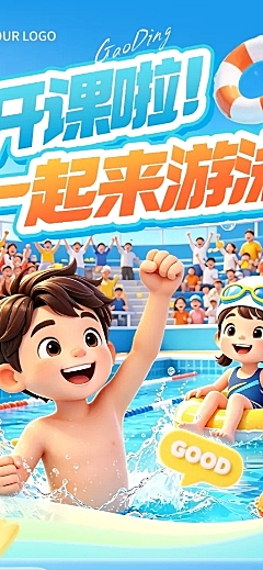 少儿游泳培训机构招生促销活动宣传卡通感长图海报