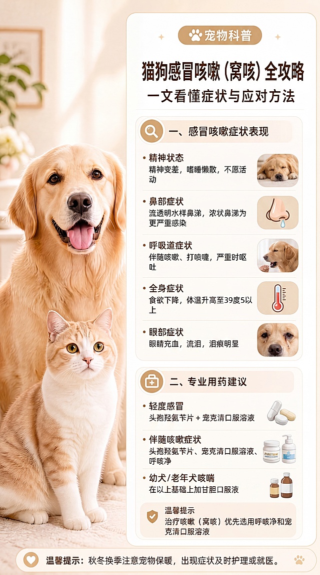 生成一张小红书宠物科普长图，风格与参考图一致，暖米色背景，左侧放置金毛犬和猫咪的高清图片，右侧为文字内容：顶部棕色圆角标签写着"宠物科普"，大标题为"猫狗感冒咳嗽（窝咳）全攻略"，副标题为"一文看懂症状与应对方法"。第一部分"一、感冒咳嗽症状表现"列出：精神状态：精神变差，嗜睡懒散，不愿活动；鼻部症状：流透明水样鼻涕，浓状鼻涕为更严重感染；呼吸道症状：伴随咳嗽、打喷嚏，严重时呕吐；全身症状：食欲下降，体温升高至39度5以上；眼部症状：眼睛充血，流泪，泪痕明显。第二部分"二、专业用药建议"：轻度感冒：头孢羟氨苄片 + 宠克清口服溶液；伴随咳嗽症状：头孢羟氨苄片、宠克清口服溶液、呼咳净；幼犬/老年犬咳喘：在以上基础上加甘胆口服液；温馨提示：治疗咳嗽（窝咳）优先选用呼咳净和宠克清口服溶液。底部温馨提示：秋冬换季注意宠物保暖，出现症状及时护理或就医。整体风格专业清晰，排版整齐，暖色调，圆角卡片设计，搭配小图标装饰，保持和参考图一样的图文布局。