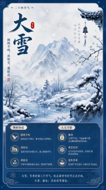 [第3屏] 大雪节气专属详情页，冬季六节气知识导览，展示大雪节气物候特征与人文文化。整体采用沉静的冬蓝色调为主视觉，融合水墨晕染的国风插画，呈现出冬日萧瑟与静谧氛围感，兼具国风美学与现代交互设计。主体预览效果