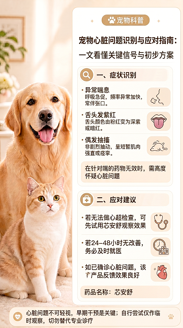 「图片1」心脏问题
在不做检查的情况下，怎么判断是心脏出了问题？
当宠物出现异常的喘，舌头发紫红，偶尔性的出现抽搐时，尤其是在服用针对喘的药物无效情况下，这些都可能是心脏出现了问题，像这种情况建议去做心超，如果不具备检查条件，可以先试试芯安舒这个产品，如果症状缓解，可以继续使用，如果没有缓解要尽快就医。
如果经过检查，确诊是有心脏问题，这个产品反馈的效果很不错
药品名称：
芯安舒
按照这个风格继续生成不要出现药品图案，不要出现引人不适图案