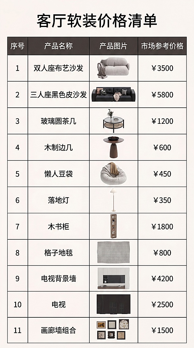 根据这张客厅软装搭配图，生成一张客厅软装价格清单图片，包含图中每件家具产品名称、对应小图片和合理市场价格，排版清晰整齐，清单形式展示