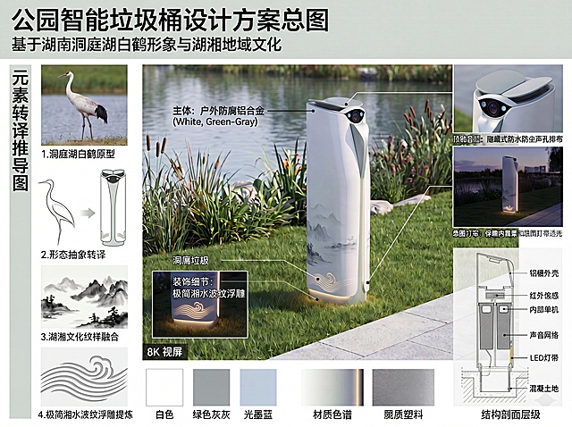 公园智能垃圾桶设计方案总图，核心灵感取自湖南洞庭湖白鹤形象，深度融合湖湘地域文化，提取水墨山水纹样作为装饰细节；整体仿生白鹤简约流线造型，造型规整简单，户外防腐铝合金主体，分类双仓结构，红外线扫描开盖智能垃圾桶；顶部摄像头替换为图二所示的嵌入式双侧蓝光感应镜头+中央主摄组合结构，保持白鹤头部轮廓协调性，不破坏整体造型美感；基座雕刻极简湘水波纹浮雕，白天作为滨水公园景观装置，傍晚内置柔和氛围灯带透光，适配城市湿地公园、休闲绿地；结构层次清晰，8K写实高清，细腻材质光影，新中式清雅色调（白、青灰、浅墨蓝），包含元素转译推导图