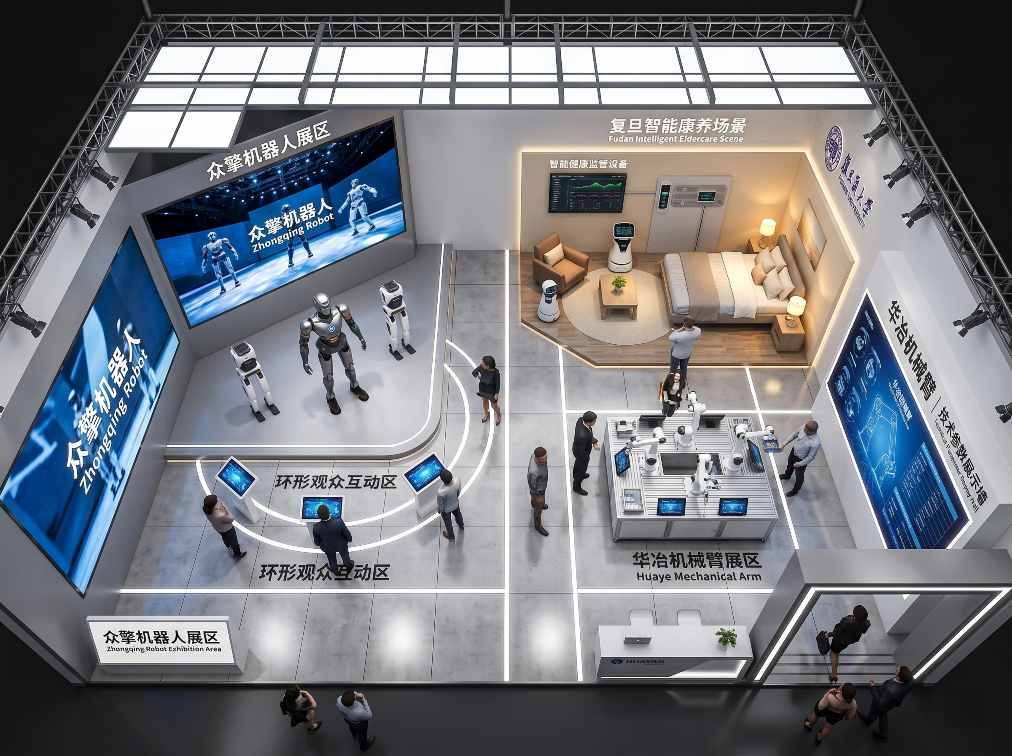 俯视角度长方形科技展会展位，整体尺寸宽12米、深9米、层高4米… - 图片创意预览