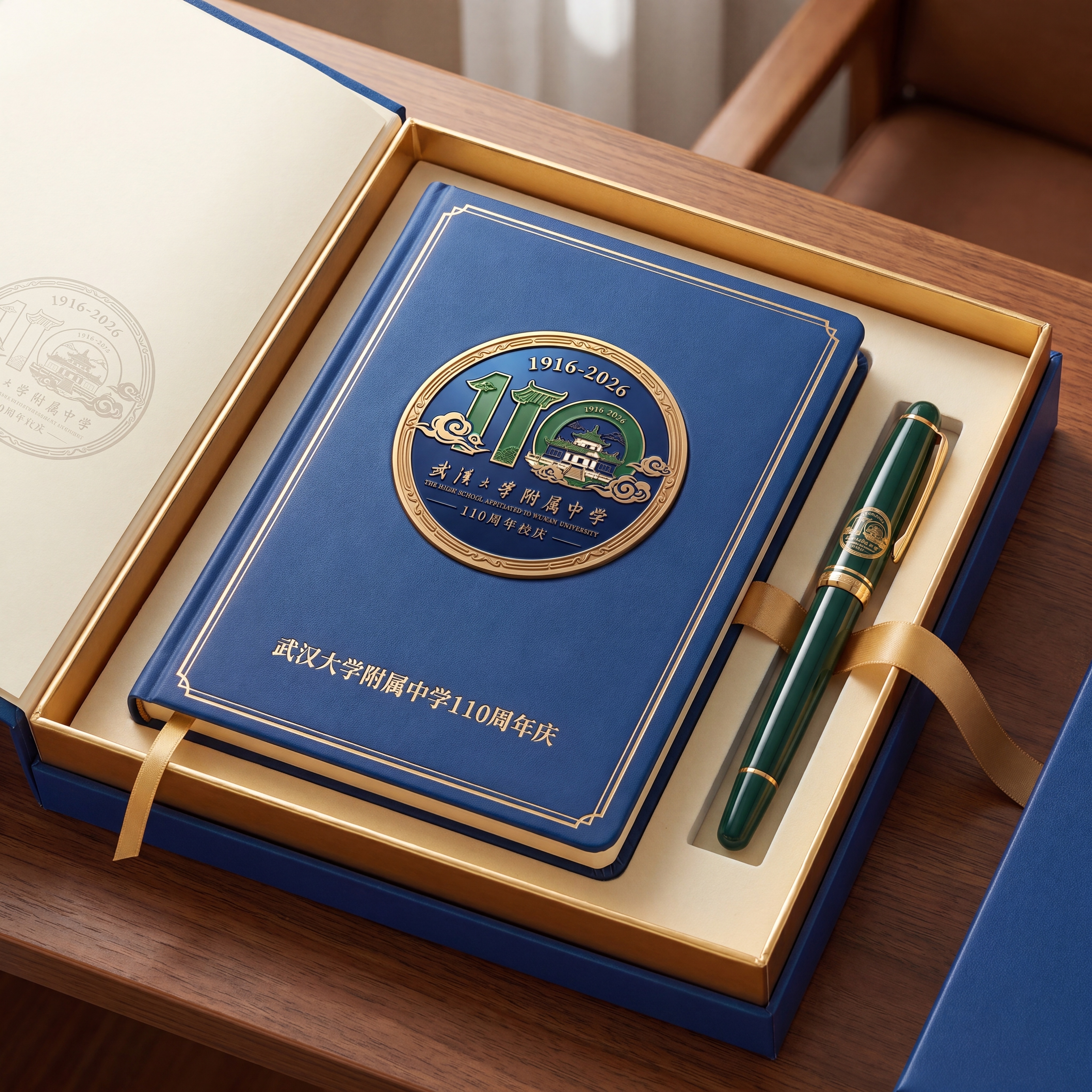 产品效果图，武汉大学附属中学110周年庆笔记本和笔套装，提取参… - 图片创意预览