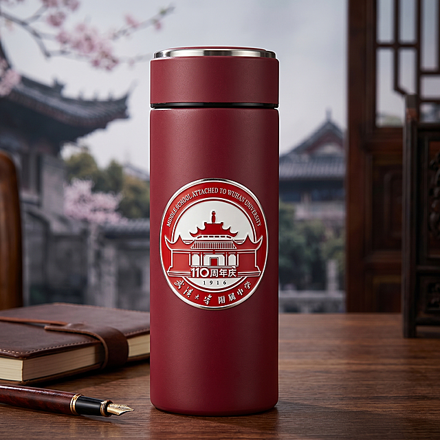 武汉大学附属中学110周年庆保温杯效果图，杯身印有提取出的武汉大学附属中学110周年庆徽章图案，图案清晰，无错别字，质感高级。