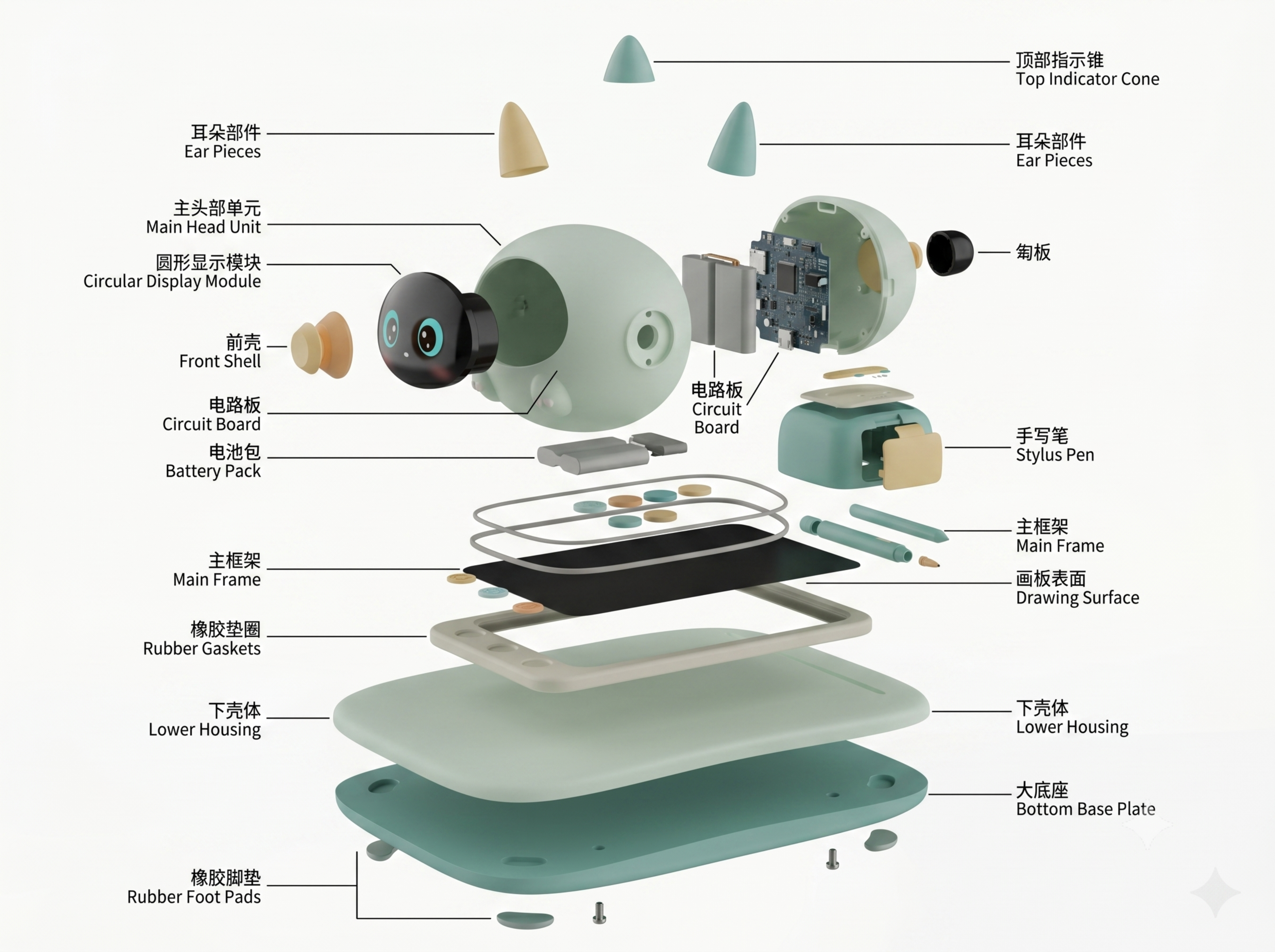 4K高清，带圆形屏幕的ai智能画板爆炸分解图，完整物体按装配逻… - 图片创意预览