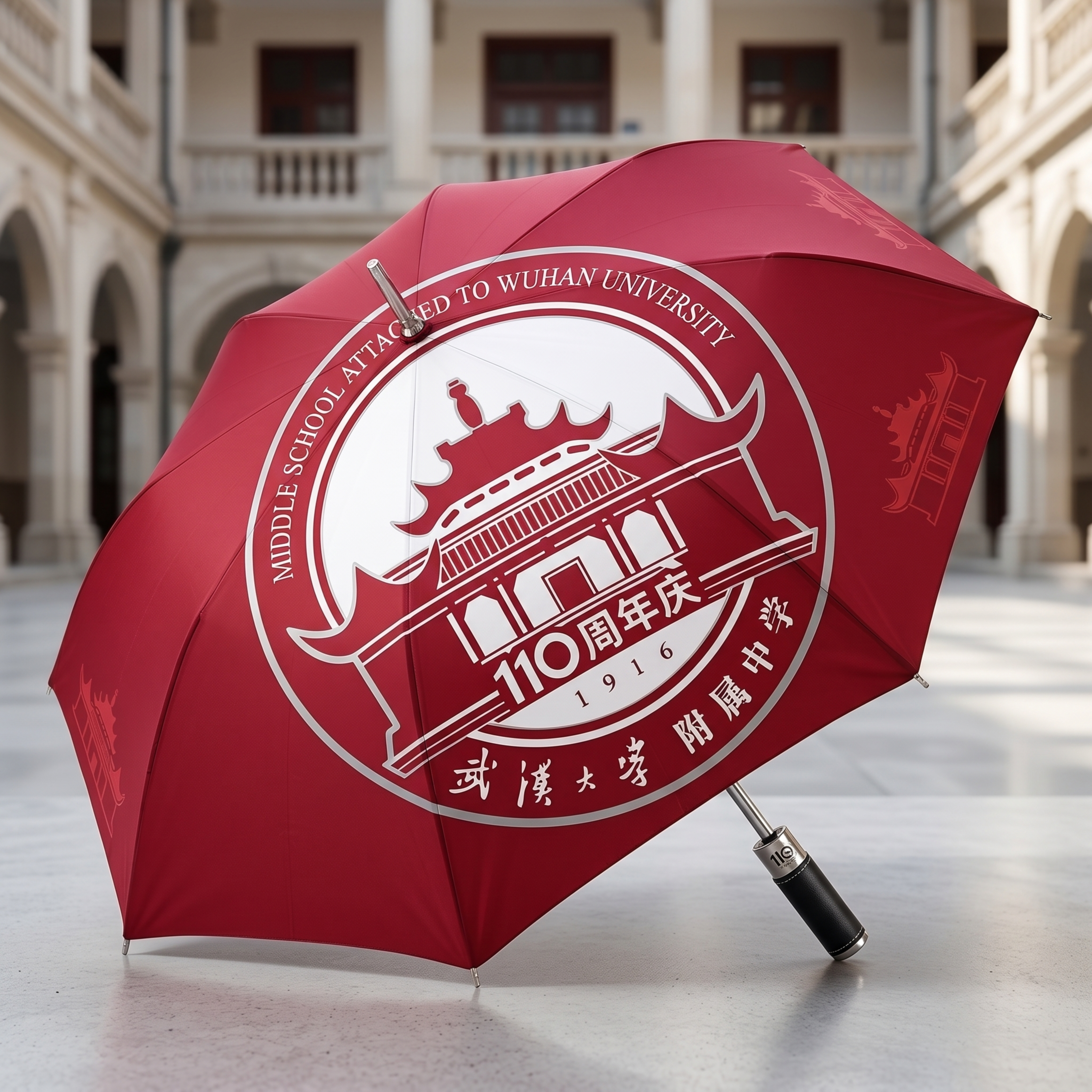 武汉大学附属中学110周年庆雨伞效果图，伞面印有提取出的武汉大… - 图片创意预览