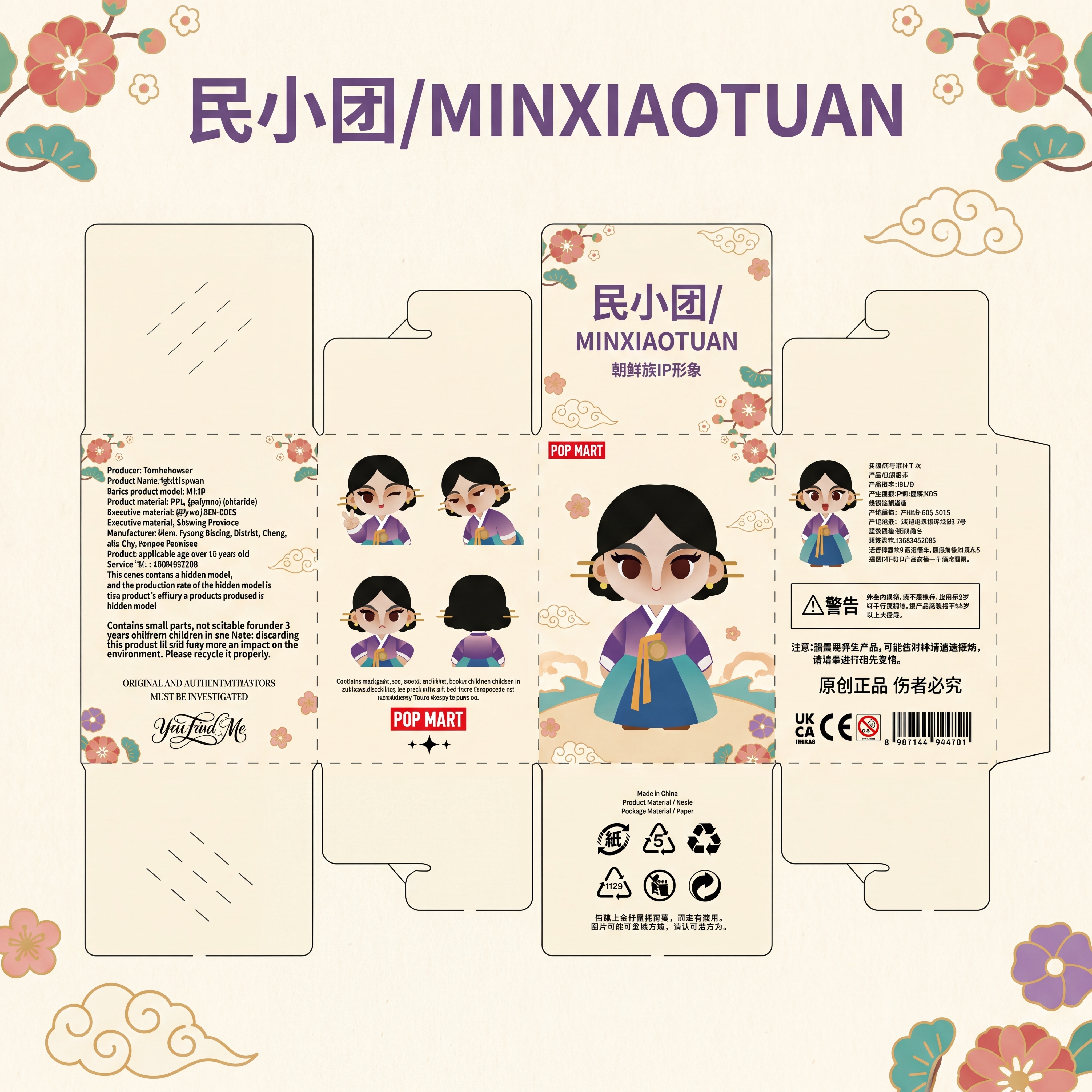 参考第二张图的盲盒包装盒刀版展开版式，将第一张图中的朝鲜族IP… - 图片创意预览