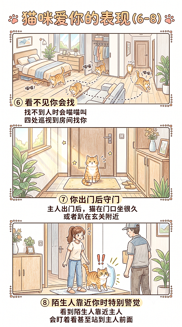 小红书竖版动画风格图文，内容⑥看不见你会找：找不到人时会喵喵叫四处巡视到房间找你；⑦你出门后守门：主人出门后，猫在门口坐很久或者趴在玄关附近；⑧陌生人靠近你时特别警觉：看到陌生人靠近主人，会盯着看甚至站到主人前面，手绘动画风格，画面只有一个主人和猫咪可以变换，自然无AI穿帮感，文字排版清晰