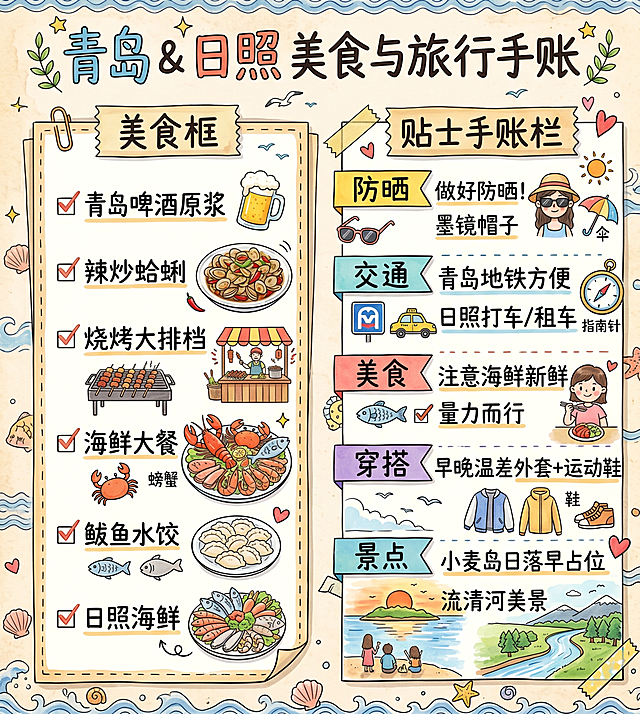 手绘风格美食与贴士手账栏模块图，竖版1080×1200，4K高清。左栏【美食框】勾选项："青岛啤酒原浆"、"辣炒蛤蜊"、"烧烤大排档"、"海鲜大餐"、"鲅鱼水饺"、"日照海鲜"。右栏【贴士手账栏】：防晒：做好防晒！墨镜帽子；交通：青岛地铁方便，日照打车/租车；美食：注意海鲜新鲜，量力而行；穿搭：早晚温差外套+运动鞋；景点：小麦岛日落早占位，流清河美景。配小图标：啤酒杯、螃蟹、伞、鞋、compass。文字清晰无错字。