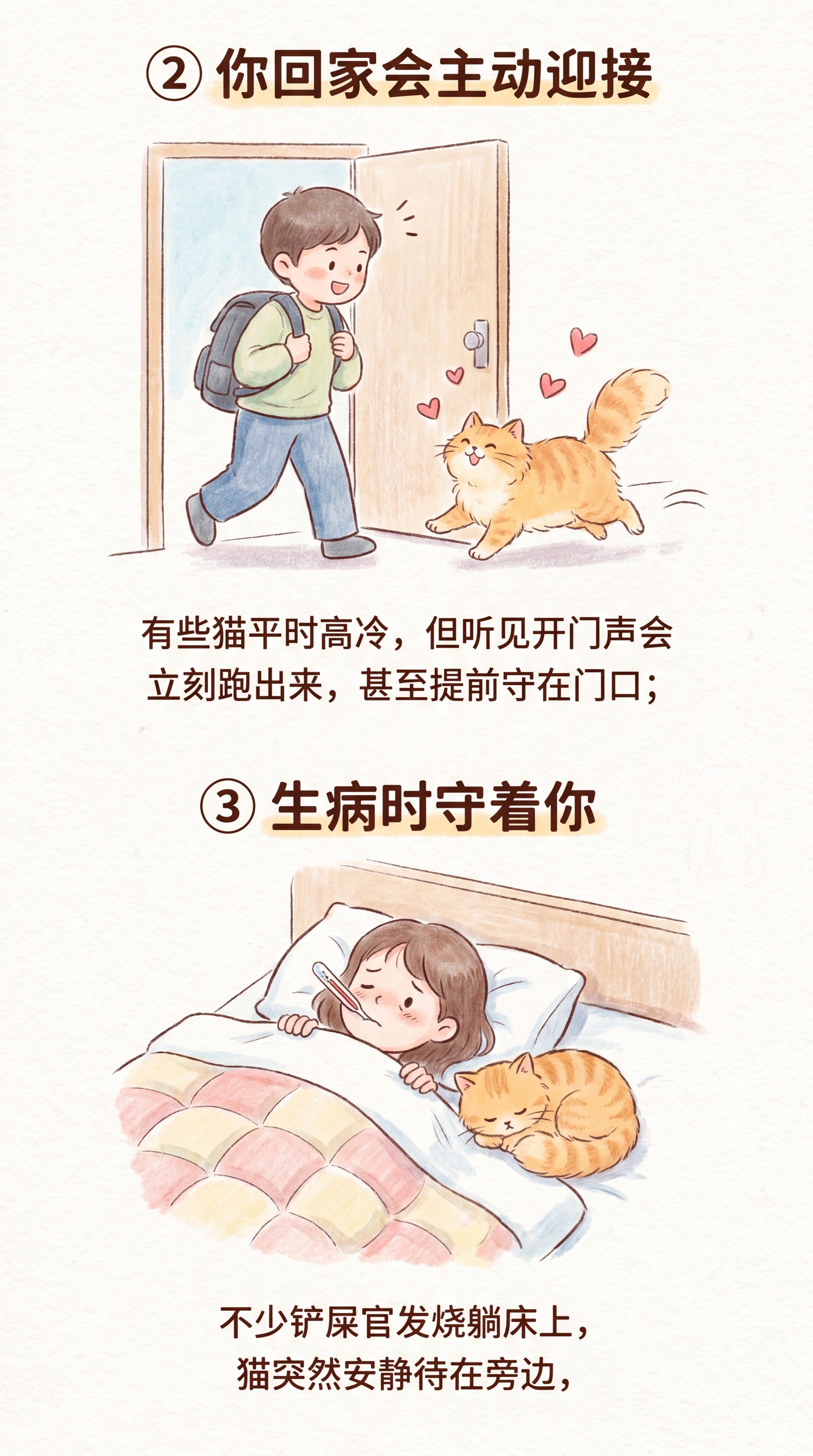 小红书竖版动画风格图文，内容②你回家会主动迎接：有些猫平时高冷… - 图片创意预览