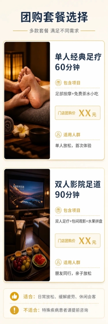 [第6屏] 详情页套餐规格与适用人群页-家贵影院足道。氛围风格为对比清晰信息风，干净商务。元素布局：画面顶部放置标题“团购套餐选择”，下方放置两个套餐卡片上下排列：第一个是“单人经典足疗套餐”，第二个预览效果