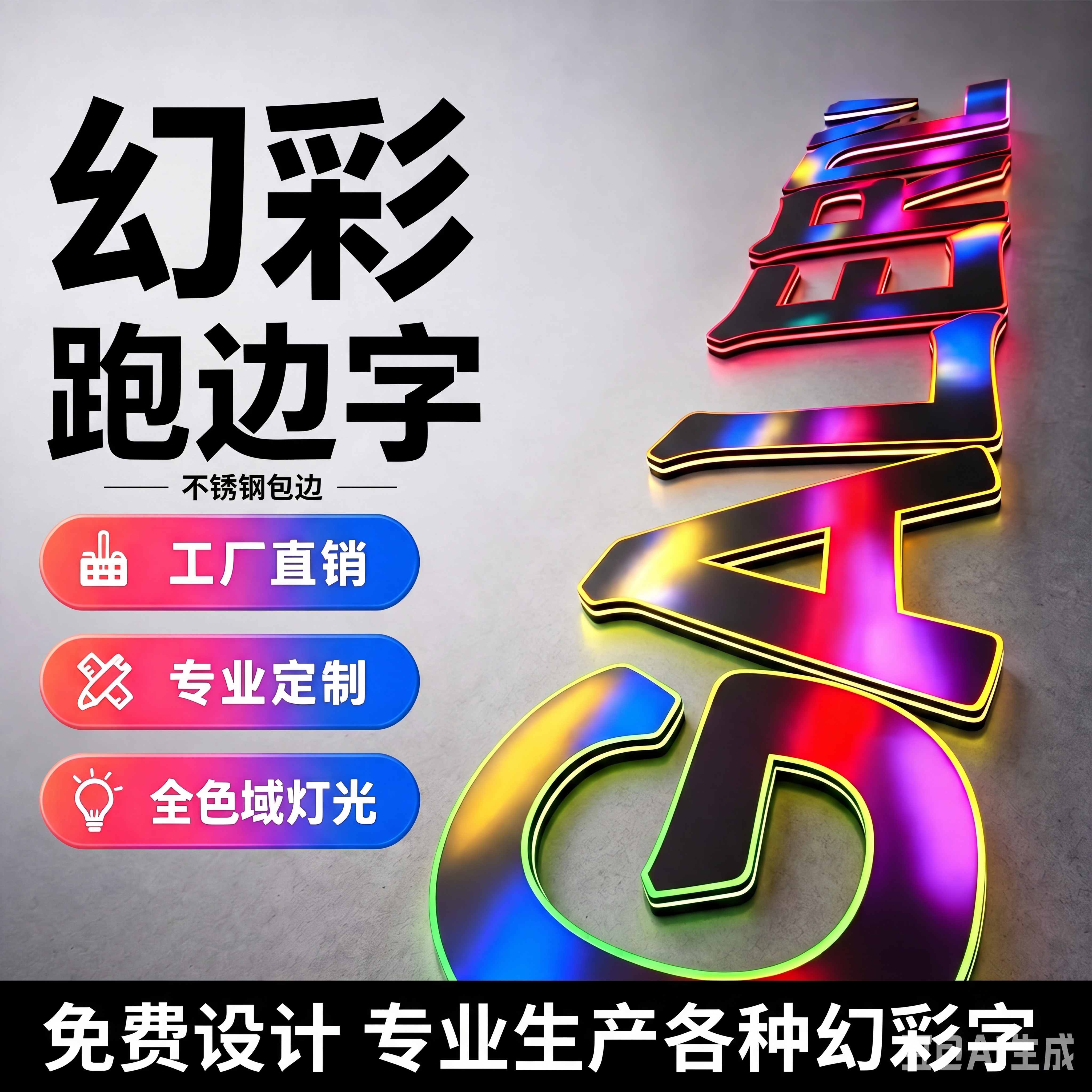 先修改图二下方黑色部分文字，替换为"免费设计 专业生产各种幻彩… - 图片创意预览