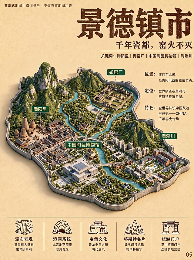 生成一张立体积木风格景德镇市旅游地图，参考上传图片的立体微缩景观风格，主标题大字"景德镇市"，副标题"千年瓷都，窑火不灭"，关键词：陶阳里、御窑厂、中国陶瓷博物馆、陶溪川，内容标注景德镇位置：江西东北部，特色是全世界认识中国从这里开始——CHINA，千年窑火传承，在景德镇轮廓内做立体微缩景观展示各个景点，保持米黄色背景，底部加上图标和说明文字，整体风格和参考图一致，3D立体，绿色山水，微缩景观