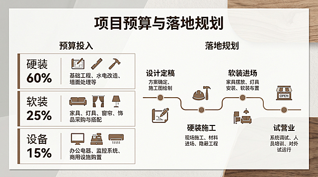 16:9 PPT预算与落地规划页，胡桃木棕+米白+浅灰低饱和配色，原木复古简约风，大量留白，左侧分三部分列出预算投入：硬装60%、软装25%、设备15%，右侧展示时间轴流程图，分为设计定稿→硬装施工→软装进场→试营业四个阶段，标题粗体醒目，整体安静治愈文艺高级，无花哨特效