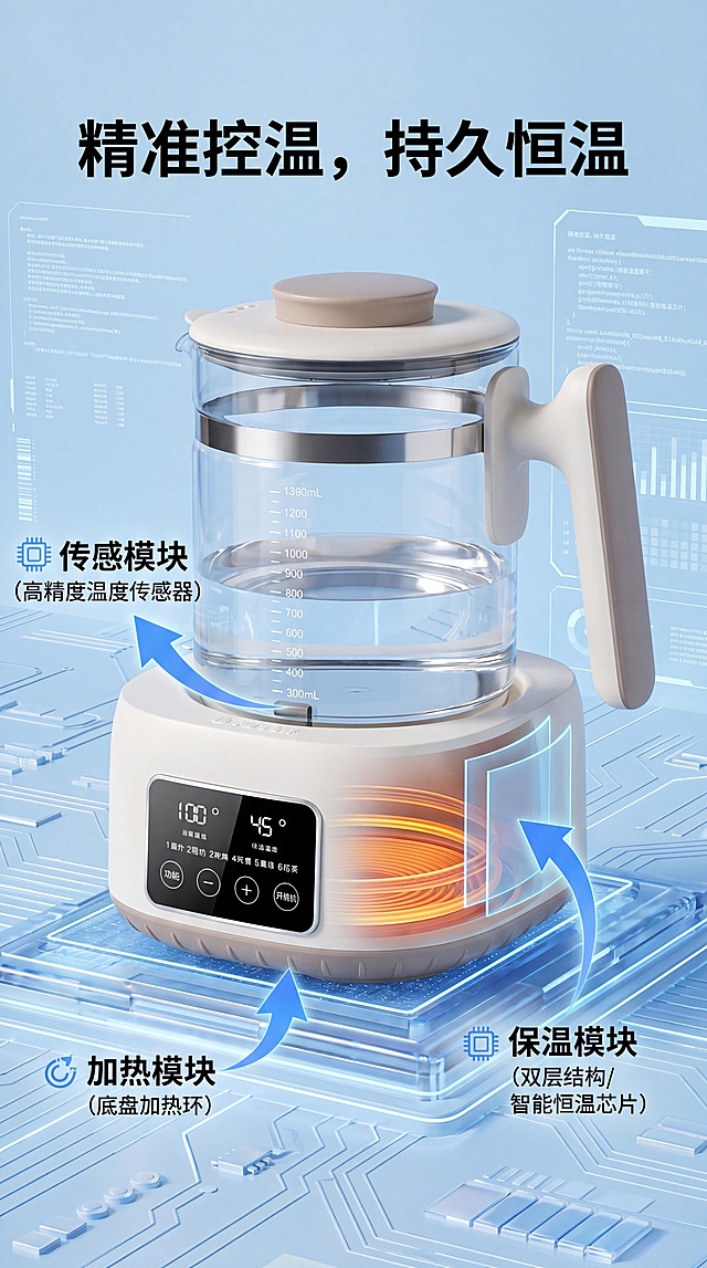 [第4屏]恒温控温技术解析，使用【图2】产品主体，标题"精准控温，持久恒温"，标注加热/传感/保温核心模块，浅蓝科技底色，保持原图产品外观，9:16竖版4K清晰。负向：产品变形、结构错误