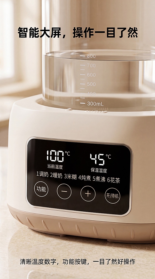 [第10屏]调奶器控制面板细节重设计，保留原有产品和文案，标题"智能大屏，操作一目了然"，底部文案"清晰温度数字，功能按键，一目了然好操作"。提升高级质感，更换为更高级柔和的背景，增加光影层次，突出产品质感，保持原有产品外观、屏幕文字和按键结构不变，9:16竖版4K分辨率，文字清晰。负向：按键错乱、文字模糊、产品变形