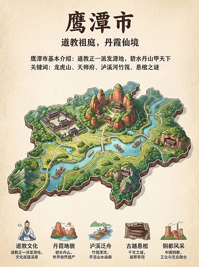生成一张鹰潭市立体旅游地图，比例3:4，调性和参考图一致，主标题大字"鹰潭市"，副标题"道教祖庭，丹霞仙境"，关键词：龙虎山、天师府、泸溪河竹筏、悬棺之谜，内容标注鹰潭市基本介绍：道教正一派发源地，碧水丹山甲天下，地图为鹰潭市行政轮廓内的立体微缩景观，展示各个标注景点，米黄色背景，底部带5个特色图标说明，保持和参考图一致的立体微缩景观风格，绿色自然配色，3D立体效果