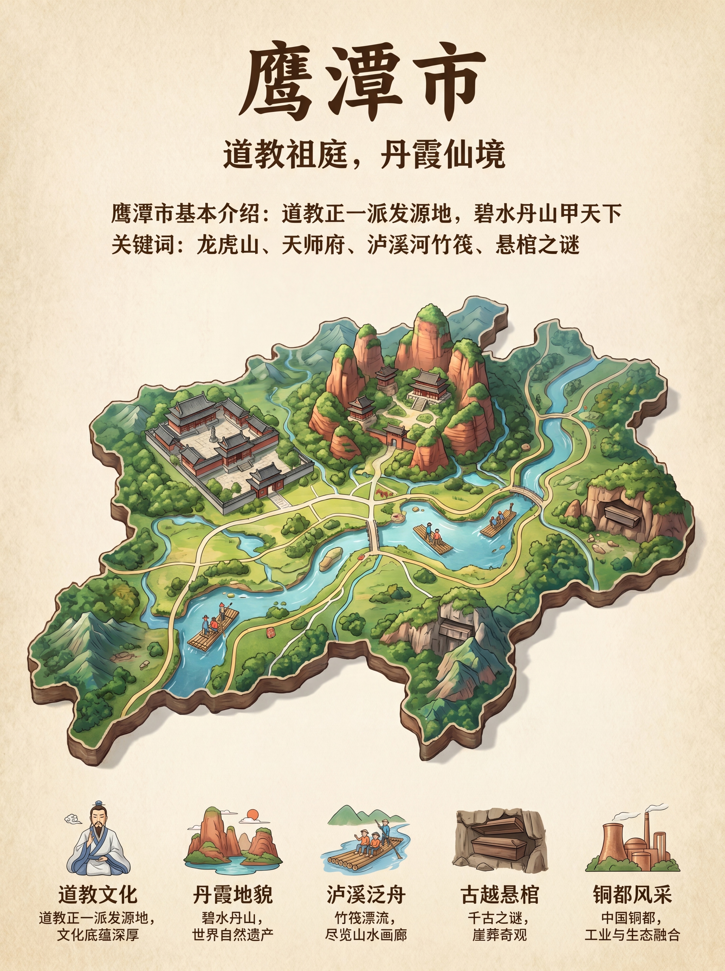 生成一张鹰潭市立体旅游地图，比例3:4，调性和参考图一致，主标… - 图片创意预览