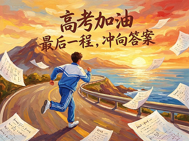 高考加油励志主题插画，暖色调日出天空，蓝白校服男生奔跑在通向远方的道路，山海背景，飞舞的试卷纸张，文字“高考加油 最后一程，冲向答案”，油画风格，积极励志