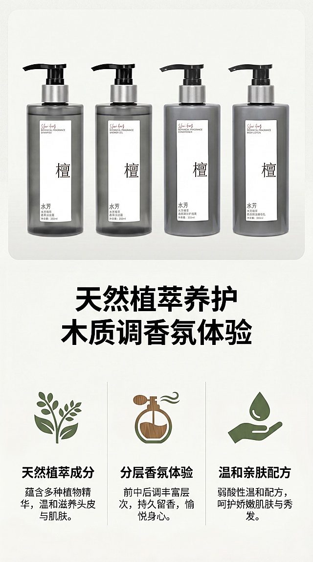 [第2屏] 系列核心卖点总览，突出水芳·檀系列天然植萃与高级香氛双重优势。
[氛围/风格] 简约高级质感，干净通透的产品展示，专业洗护品牌视觉。
[元素布局] 画面上半部分放置系列产品组合图（使用图1产品作为主体），下半部分分三栏展示核心卖点。保持产品外观、包装、颜色与输入图一致，产品占比约40%。三栏卖点区域分别为'天然植萃成分'、'分层香氛体验'、'温和亲肤配方'，每栏搭配对应植物/香氛图标装饰。
[光影质感] 均匀柔和自然光，产品表面清晰高亮，卖点区域背景干净，文字区域对比清晰。
[配色色系] 全局底色：#F5F5F0（米白浅灰）；主体配色：#696969（瓶身）+#FFFFFF（标签）；辅助色：#5A7247（植物绿）+#8B6E4A（木质棕）。
[视角构图] 产品在上方居中展示，卖点三栏平均分布在下方，上下构图，阅读动线从上到下，信息层级清晰。
[文字版式] 顶部主标题'天然植萃养护 木质调香氛体验'，加粗黑色字体居中；三栏卖点每个区域都有图标+4字标题+10字以内短句说明，文字排列整齐，不互相遮挡。
[比例分辨率] 9:16 竖版比例，4K分辨率，文字清晰可辨。
[负向提示词] 产品变形，文字错乱，颜色偏差，背景杂乱，极限词，虚假宣传。
